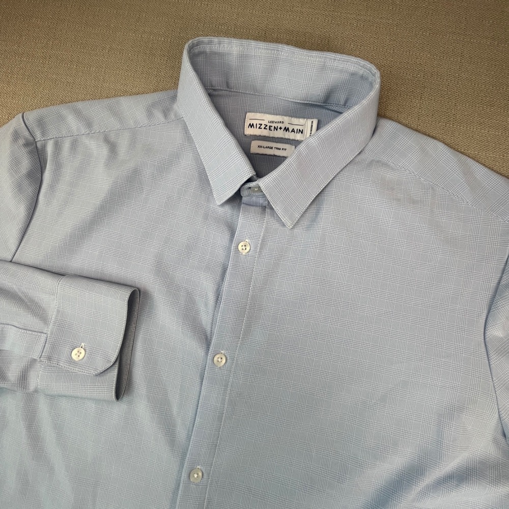 Mizzen+Main Leeward Dress Shirt Mens XXL Light Blue Glen Plaid Trim Fit TXT-1001